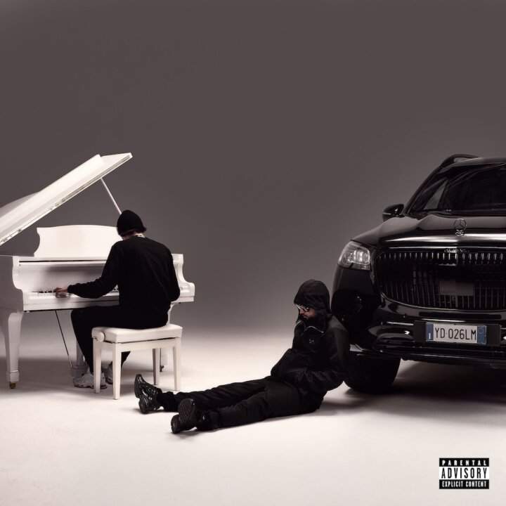 Official cover of YD Frost's Lounge Music album with white piano and black car in studio