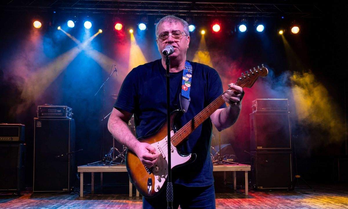 Carlo Audino con chitarra Stratocaster sul palco, foto promozionale per il singolo Restami addosso