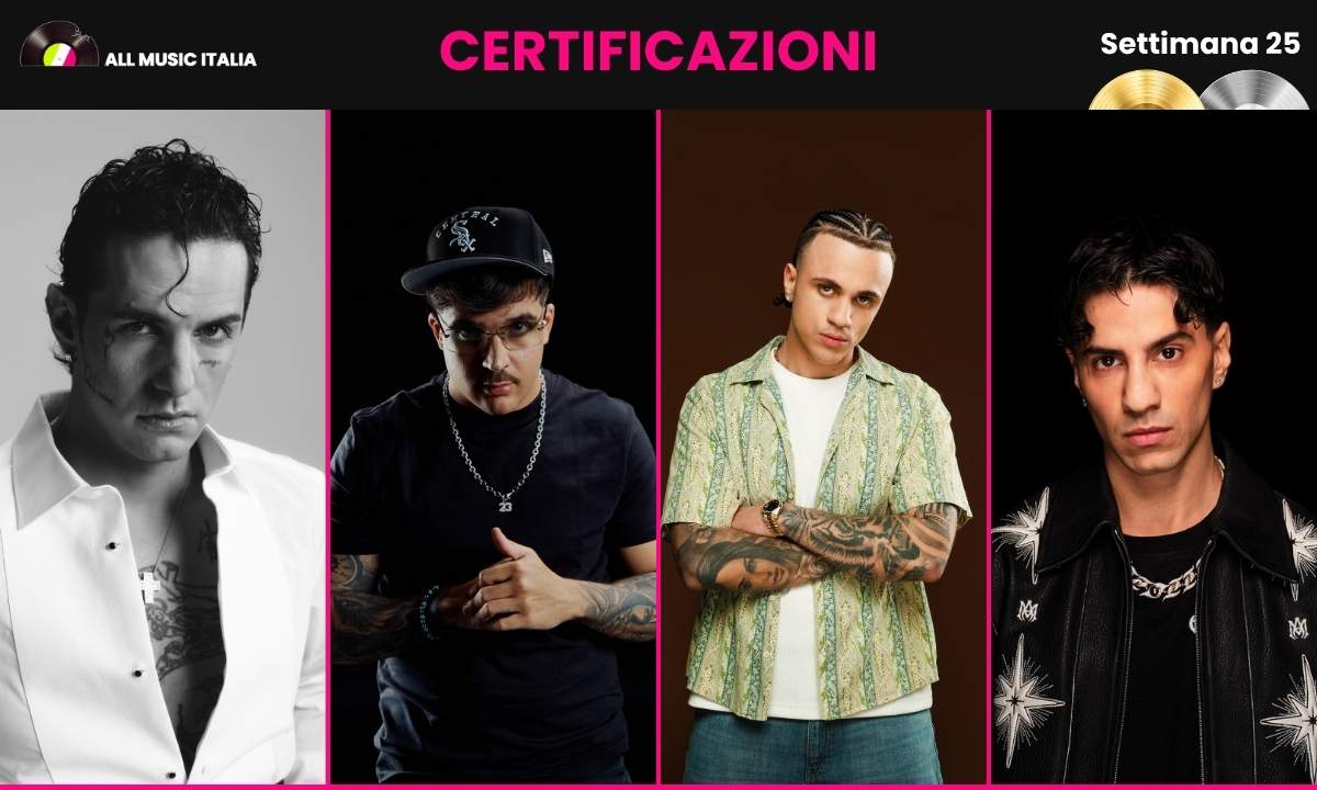 Grafica certificazioni FIMI settimana 25 2026 con Achille Lauro, Geolier, Samurai Jay e Tedua