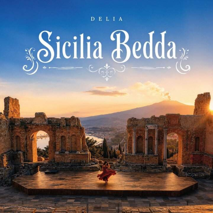 Cover of Delia's Sicilia Bedda album, with the Ancient Theater of Taormina and Etna at sunset