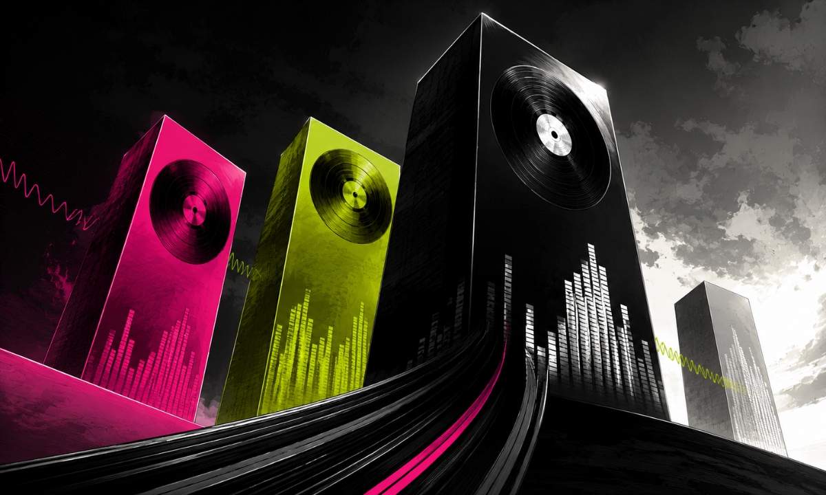 illustrazione di tre monoliti con dischi in vinile nei colori delle major, copertina sul mercato discografico italiano 2026