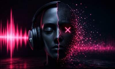 Illustrazione del volto umano che si trasforma in digitale con cuffie Tidal, simbolo della musica generata dall'AI