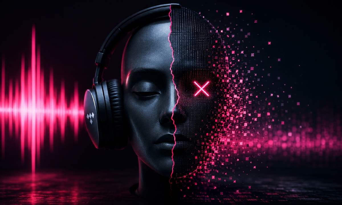 Illustrazione del volto umano che si trasforma in digitale con cuffie Tidal, simbolo della musica generata dall'AI