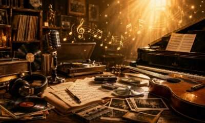 Microfono, strumenti musicali e vinili come omaggio all'eredità degli artisti della musica italiana scomparsi nel 2026.