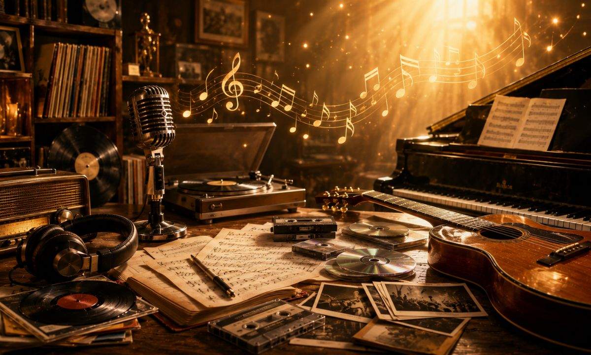 Microfono, strumenti musicali e vinili come omaggio all'eredità degli artisti della musica italiana scomparsi nel 2026.