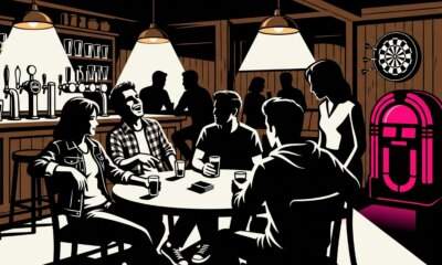 Gruppo di amici al tavolo di un pub con jukebox accanto, illustrazione per le canzoni sull'amicizia italiane
