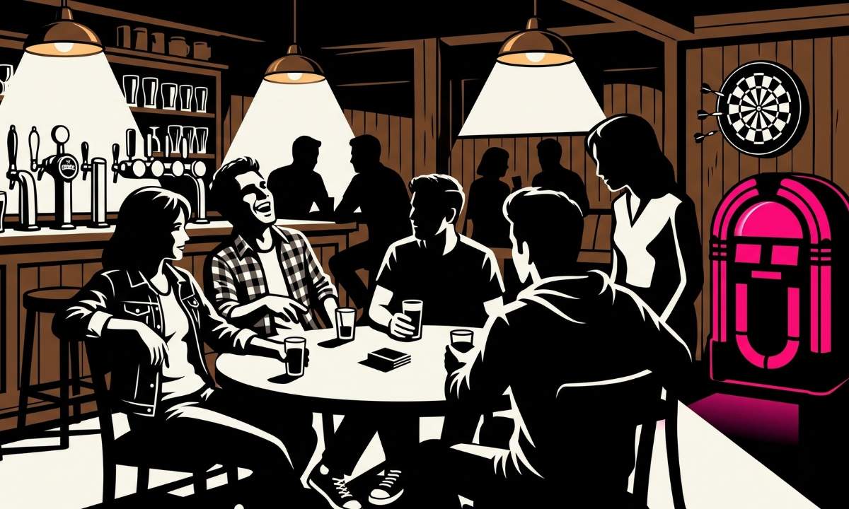 Gruppo di amici al tavolo di un pub con jukebox accanto, illustrazione per le canzoni sull'amicizia italiane