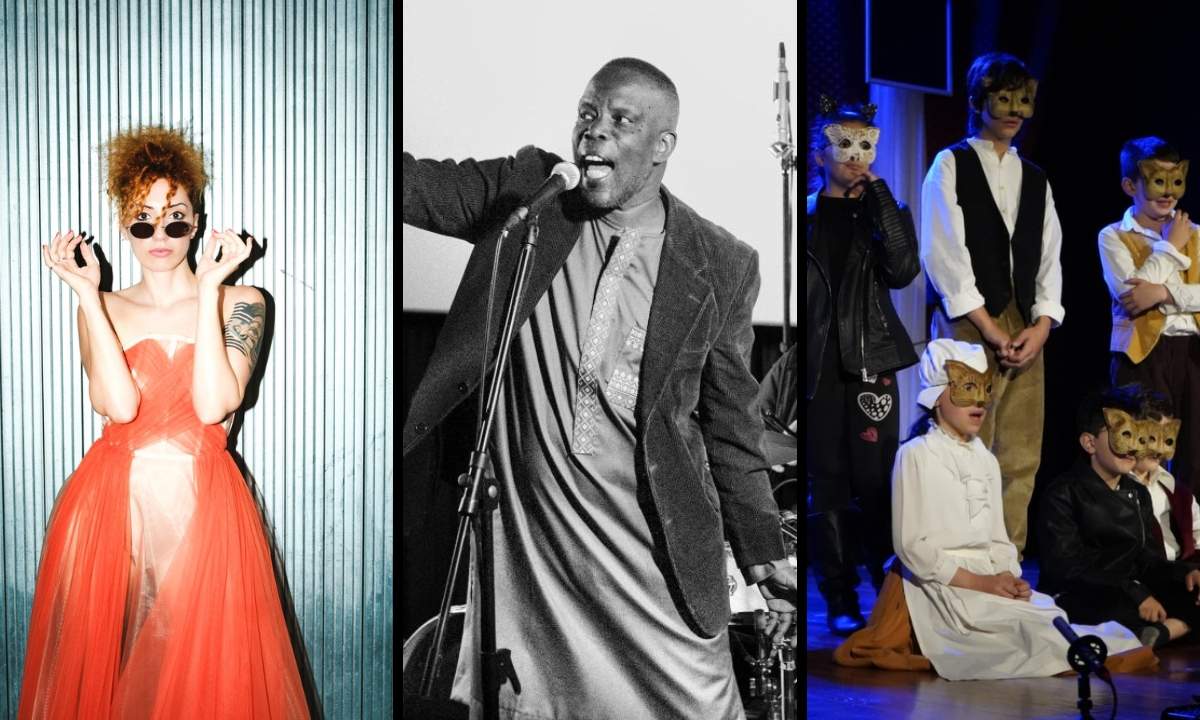 Collage di tre scatti dal festival Dallo Sciamano allo Showman 2026, con Badara Seck e lo spettacolo Il gatto con gli stivali