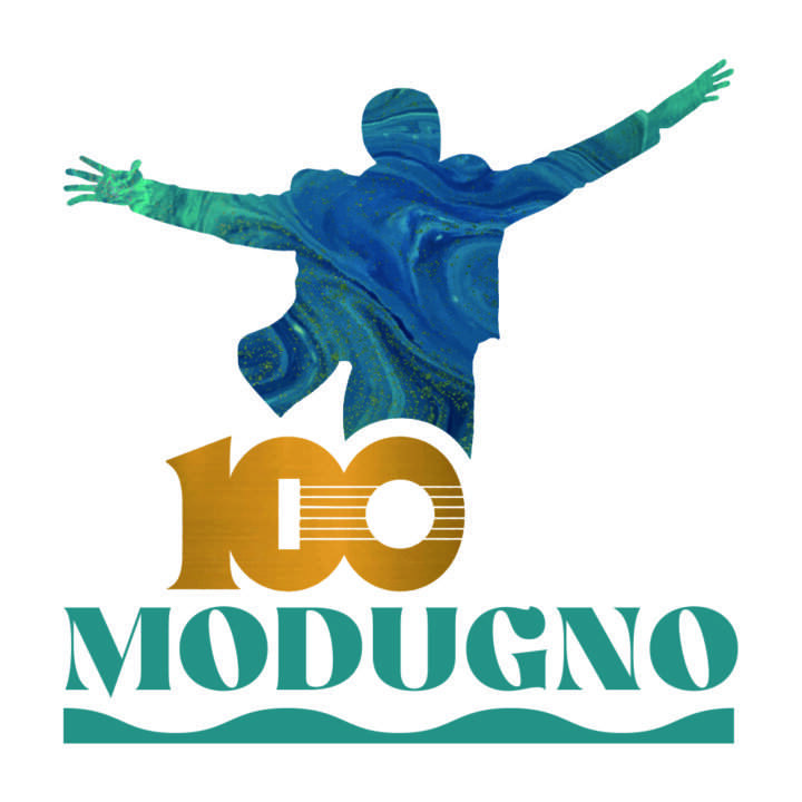 The official Domenico Modugno 100 logo with the guitar-shaped number