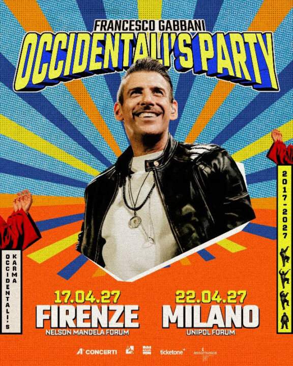 Locandina di Occidentali's Party di Francesco Gabbani con le date di Firenze e Milano 2027
