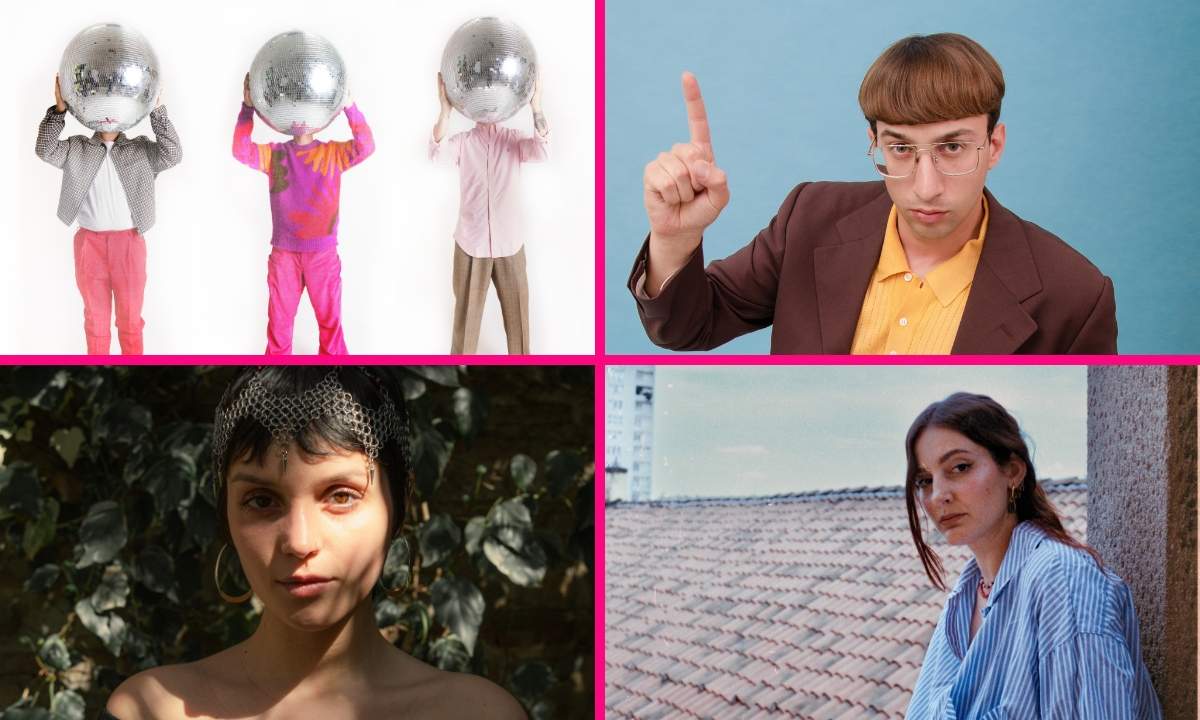Collage dei quattro artisti della line-up dell'Happy Arecreate 2026 a Lagonegro, tra cui i Disco Club Paradiso con sfere specchiate