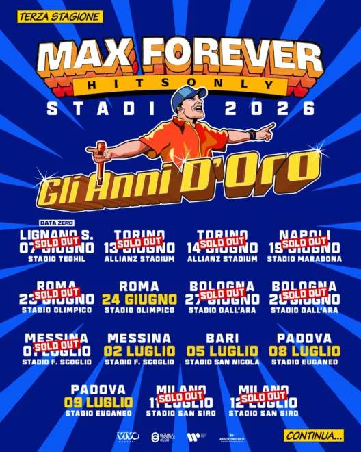 Max Pezzali, locandina del tour Max Forever Gli anni d'oro Stadi 2026 con tutte le date da Lignano Sabbiadoro a San Siro 