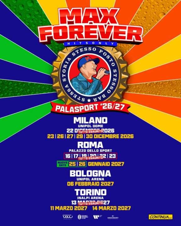Max Pezzali, locandina del tour Max Forever Palasport 2026 2027 con le date di Milano, Roma, Bologna e Torino