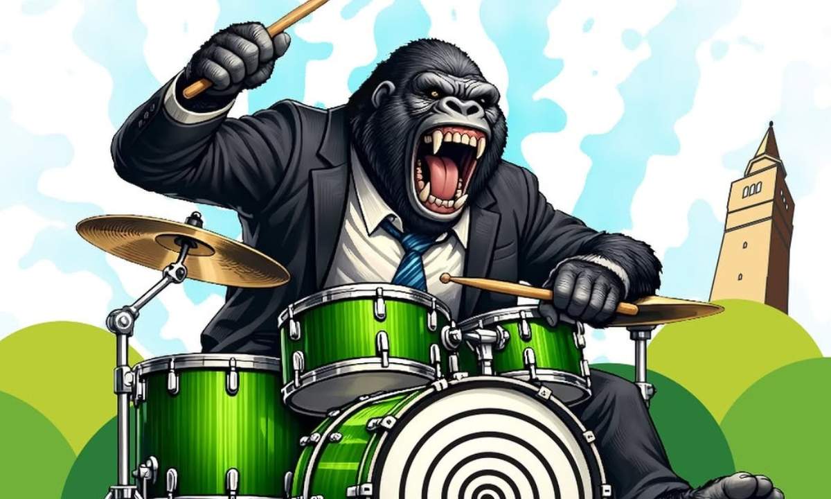 Illustrazione di un gorilla in giacca che suona la batteria, immagine del Music in Village 2026 a Pordenone