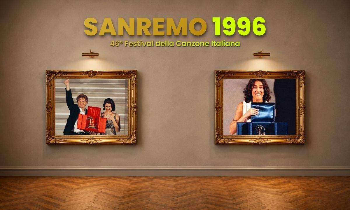 Ron e Tosca vincitori del Festival di Sanremo 1996 durante la premiazione al Teatro Ariston.