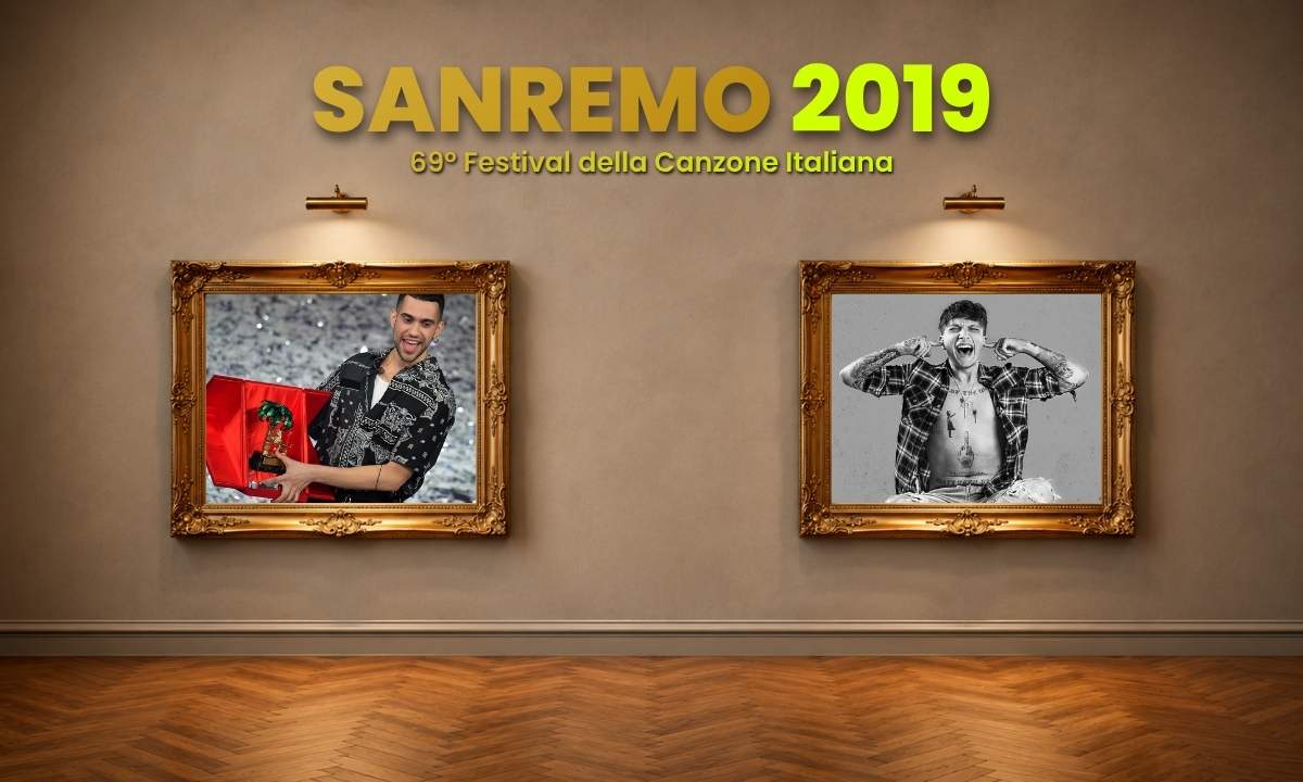 Mahmood con il leone di Sanremo 2019 e Ultimo nei quadri dorati della copertina di All Music Italia