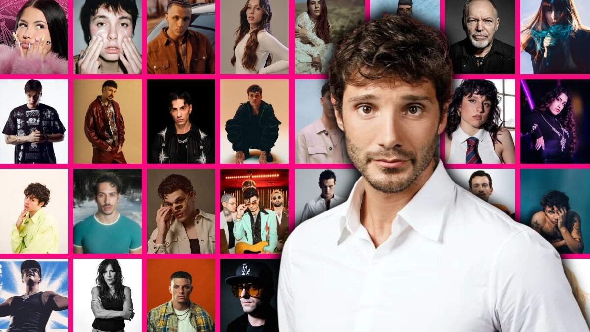 Stefano De Martino davanti al collage dei possibili cantanti in gara a Sanremo 2027