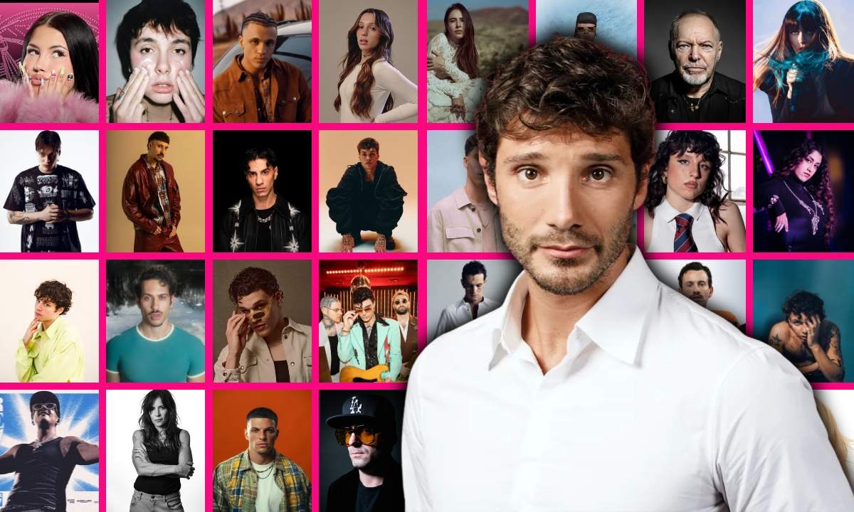 Stefano De Martino davanti al collage dei possibili cantanti in gara a Sanremo 2027