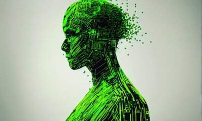 Illustrazione di una figura umana di profilo composta da circuiti verdi che si dissolvono, sul tema di musica e intelligenza artificiale
