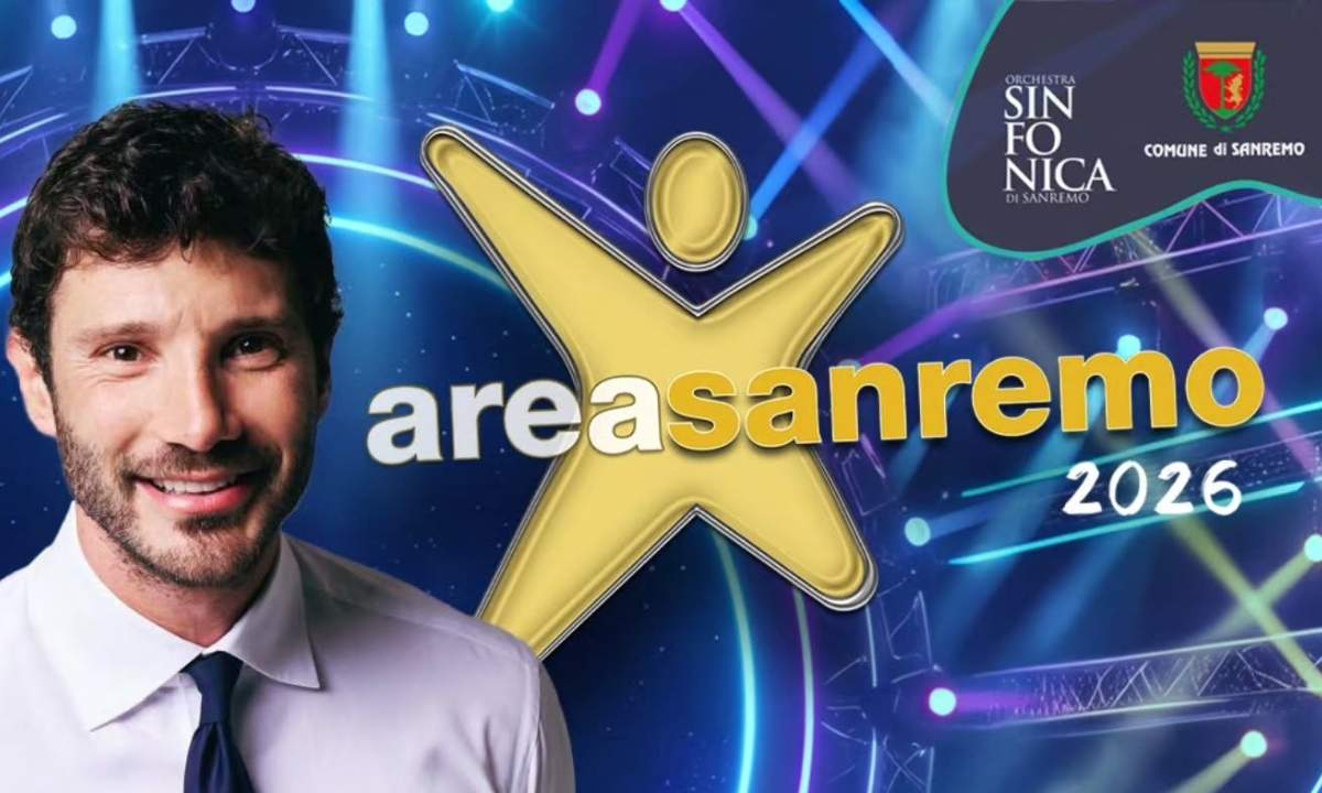 Il visual ufficiale di Area Sanremo 2026 con Stefano De Martino accanto al logo del concorso e agli stemmi della Fondazione Orchestra Sinfonica e del Comune di Sanremo