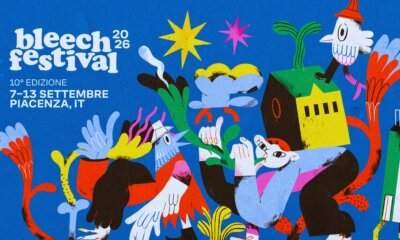 La locandina del Bleech Festival 2026 illustrata da Giulia Ripa: figure fantastiche colorate su fondo blu con le date del festival a Piacenza