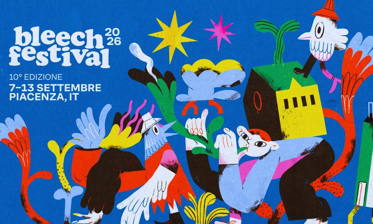 La locandina del Bleech Festival 2026 illustrata da Giulia Ripa: figure fantastiche colorate su fondo blu con le date del festival a Piacenza