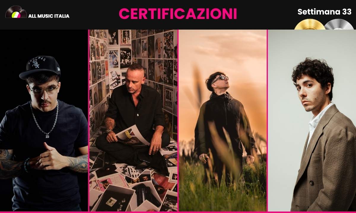 Copertina delle certificazioni FIMI della settimana 33 del 2026 con le foto di Geolier, Eros Ramazzotti, Ultimo e Fulminacci