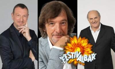 Amadeus, Claudio Cecchetto e Gerry Scotti, conduttori del Festivalbar, accanto al logo della manifestazione