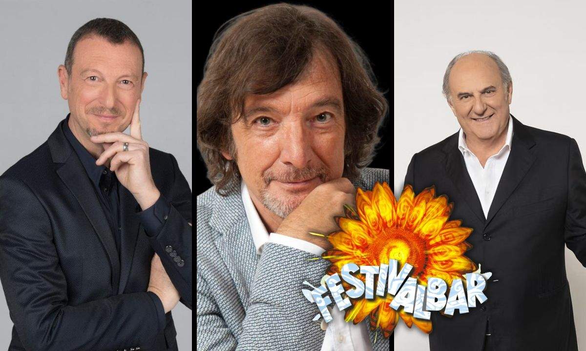 Amadeus, Claudio Cecchetto e Gerry Scotti, conduttori del Festivalbar, accanto al logo della manifestazione