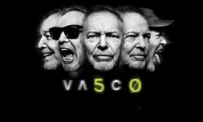 Cinque ritratti di Vasco Rossi in bianco e nero con il logo VA5CØ, incontro con Vasco 2026 del Blasco Fan Club