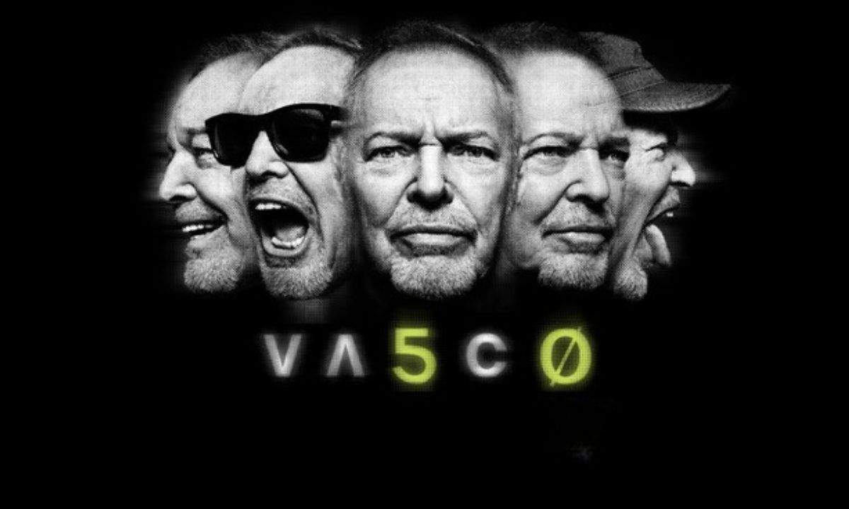 Cinque ritratti di Vasco Rossi in bianco e nero con il logo VA5CØ, incontro con Vasco 2026 del Blasco Fan Club