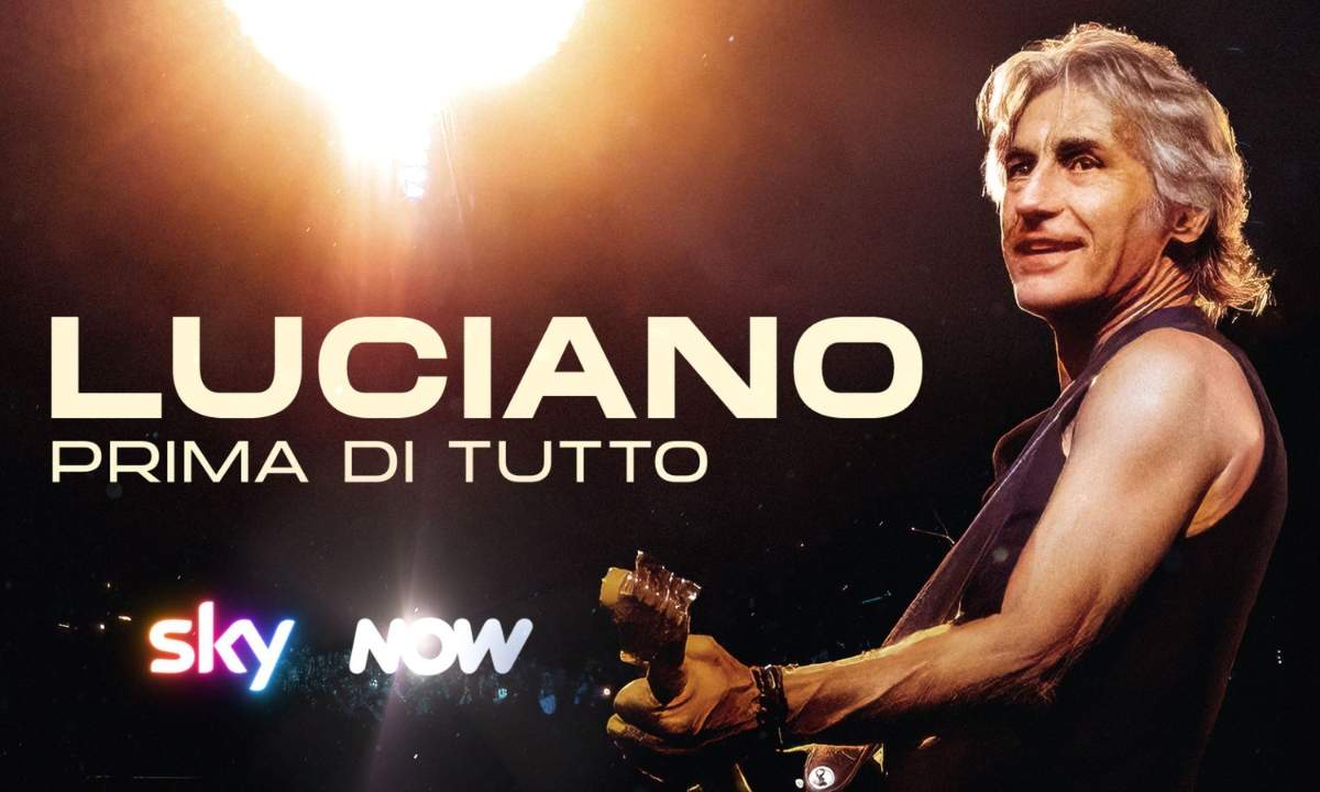 locandina del documentario Sky Luciano prima di tutto con Ligabue sul palco in concerto