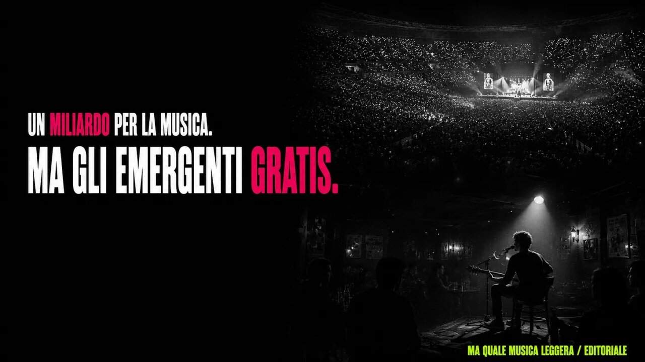 Uno stadio pieno e un cantante solo in un piccolo club: la copertina della newsletter di All Music Italia sul miliardo della musica dal vivo e sugli emergenti che suonano gratis