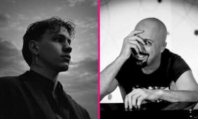 Opi e Luca Jurman in due ritratti in bianco e nero divisi da una linea fucsia: il cantante di Amici 25 e il vocal coach al centro della polemica sull'imbianchino e sull'autotune