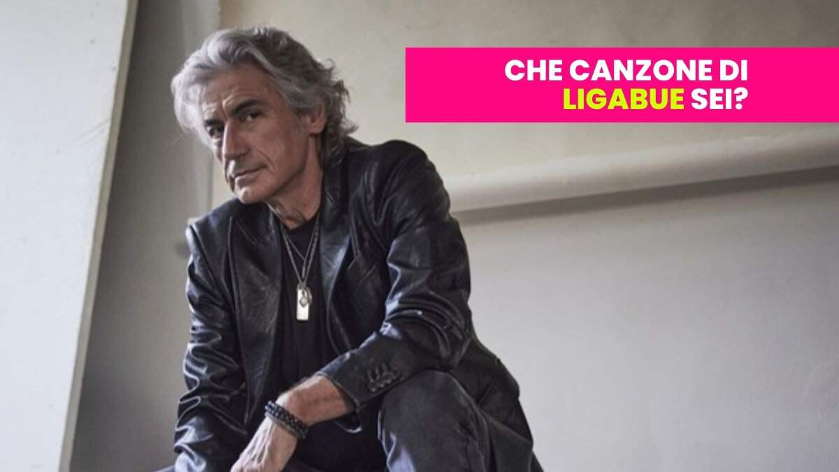 Luciano Ligabue seduto con giacca di pelle nera, copertina del test "Quale canzone di Ligabue sei?" di All Music Italia