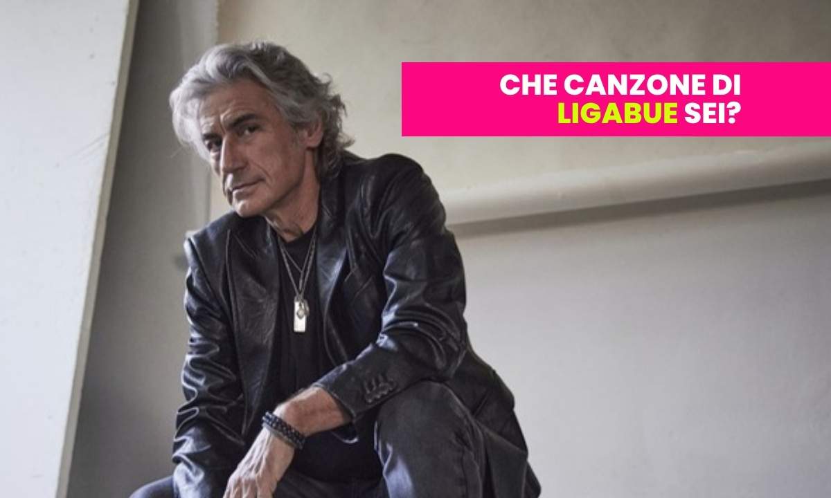 Luciano Ligabue seduto con giacca di pelle nera, copertina del test "Quale canzone di Ligabue sei?" di All Music Italia