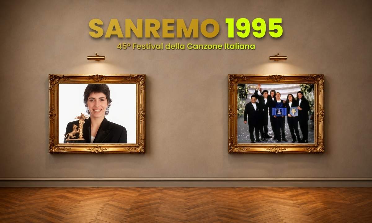 Giorgia con il Leone d'oro e i Neri per Caso premiati al 45° Festival della Canzone Italiana del 1995