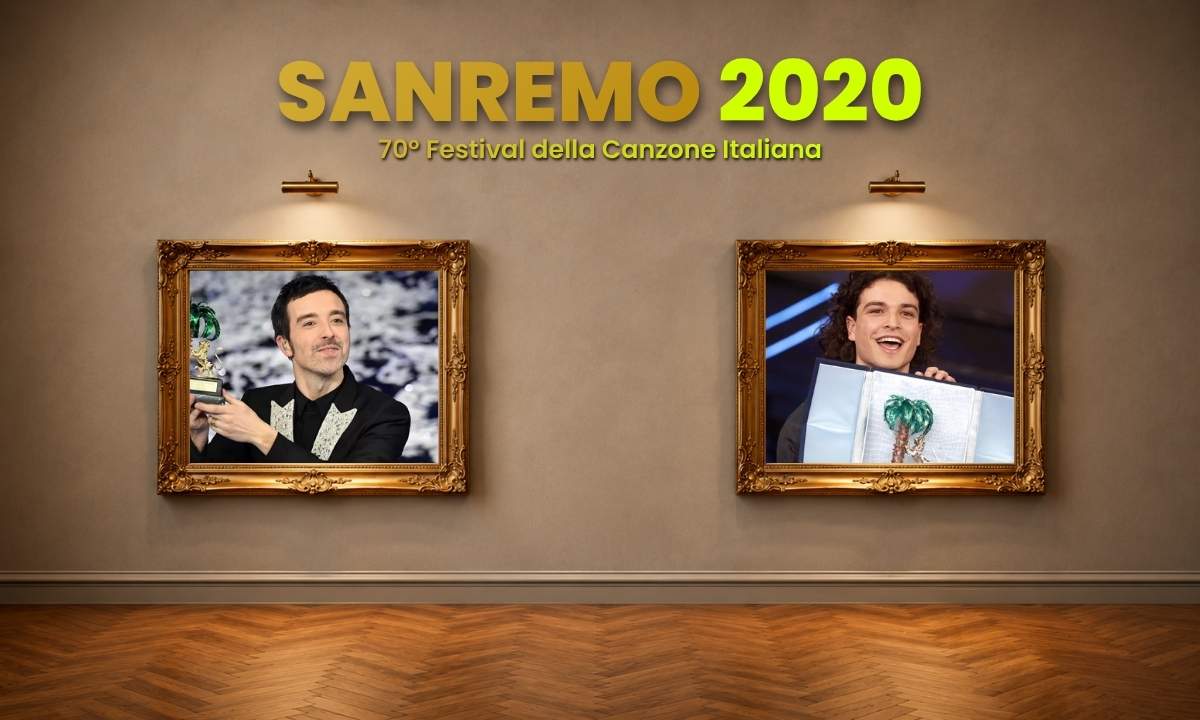 Diodato con il premio di Sanremo 2020 e Leo Gassmann con quello delle Nuove Proposte, in due cornici dorate