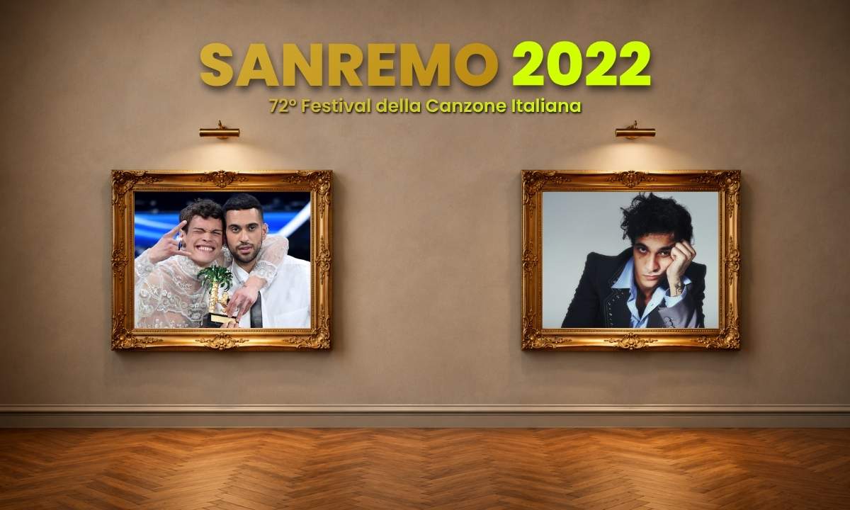 Copertina Sanremo 2022 con la foto della vittoria di Mahmood e Blanco e un ritratto di Blanco