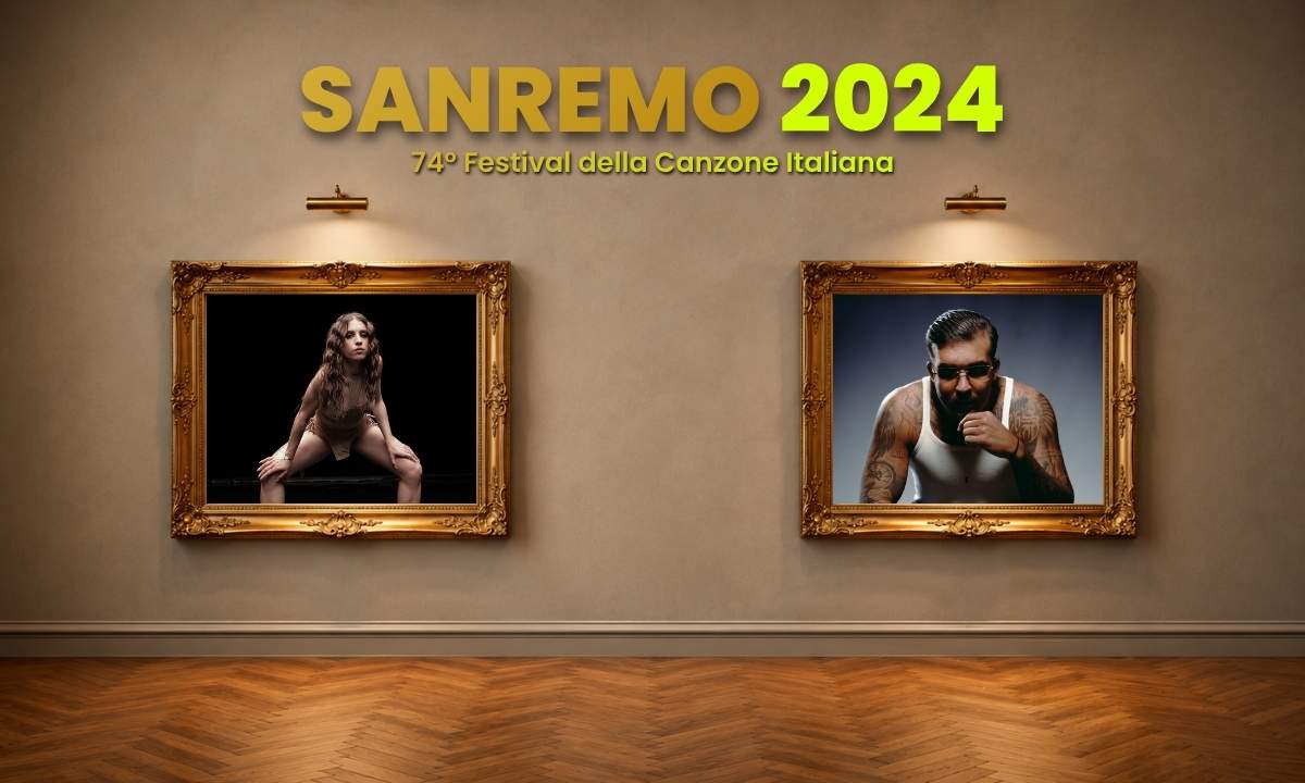 Sanremo 2024, Angelina Mango e Geolier ritratti in due cornici dorate sulla parete di una galleria