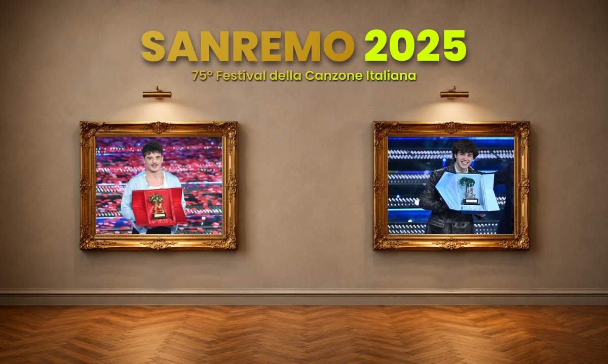 Olly e Settembre con i premi di Sanremo 2025 in due cornici dorate, copertina dell'annata All Music Italia