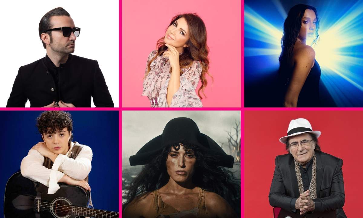 Collage di sei artisti citati nelle dichiarazioni su Sanremo 2027