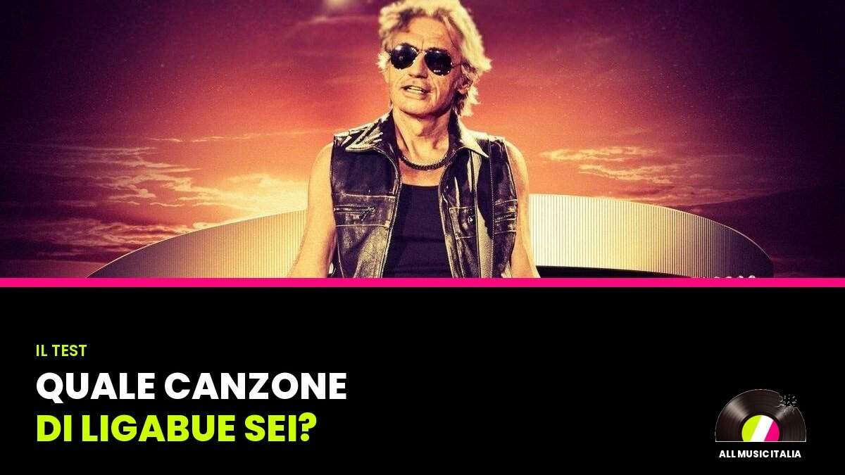 Copertina del test "Quale canzone di Ligabue sei?" di All Music Italia, con Luciano Ligabue in occhiali da sole e gilet di pelle