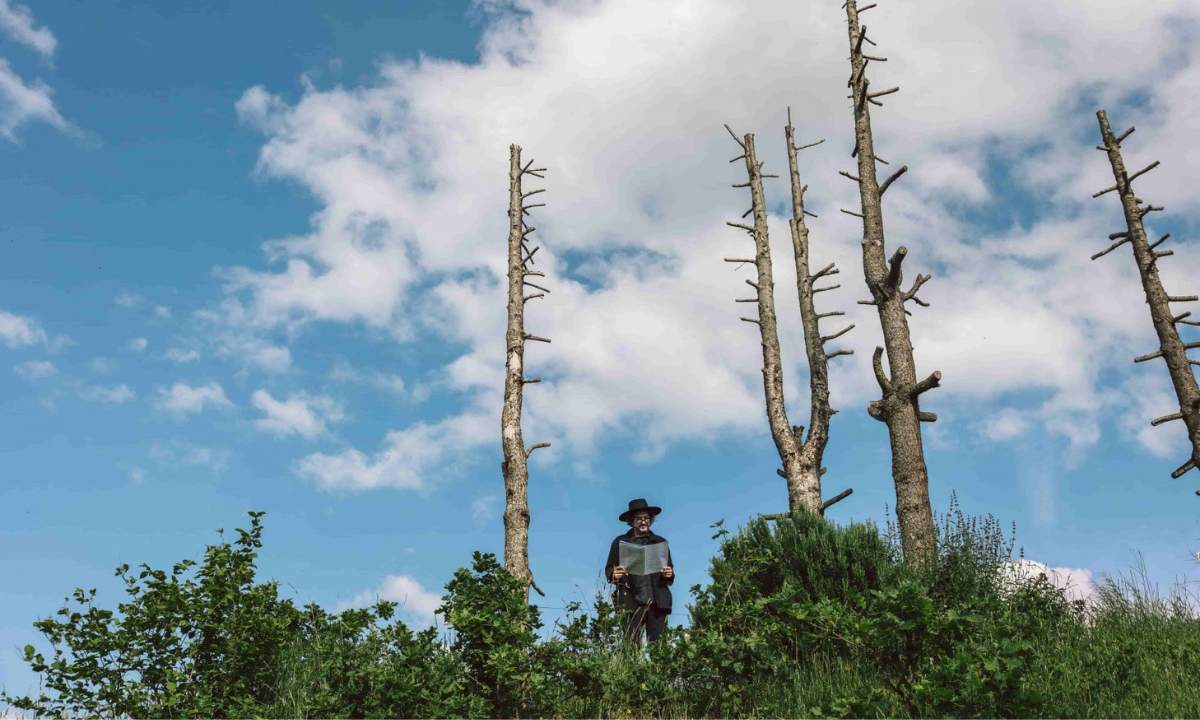 Vinicio Capossela con cappello nero legge un foglio tra gli alberi spogli, foto dello Sponz Fest 2026 a Calitri