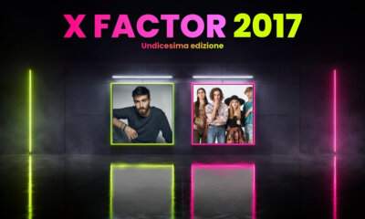 Grafica di copertina X Factor 2017 con il ritratto di Lorenzo Licitra e la foto di gruppo dei Måneskin, incorniciati su sfondo nero con luci al neon lime e fucsia