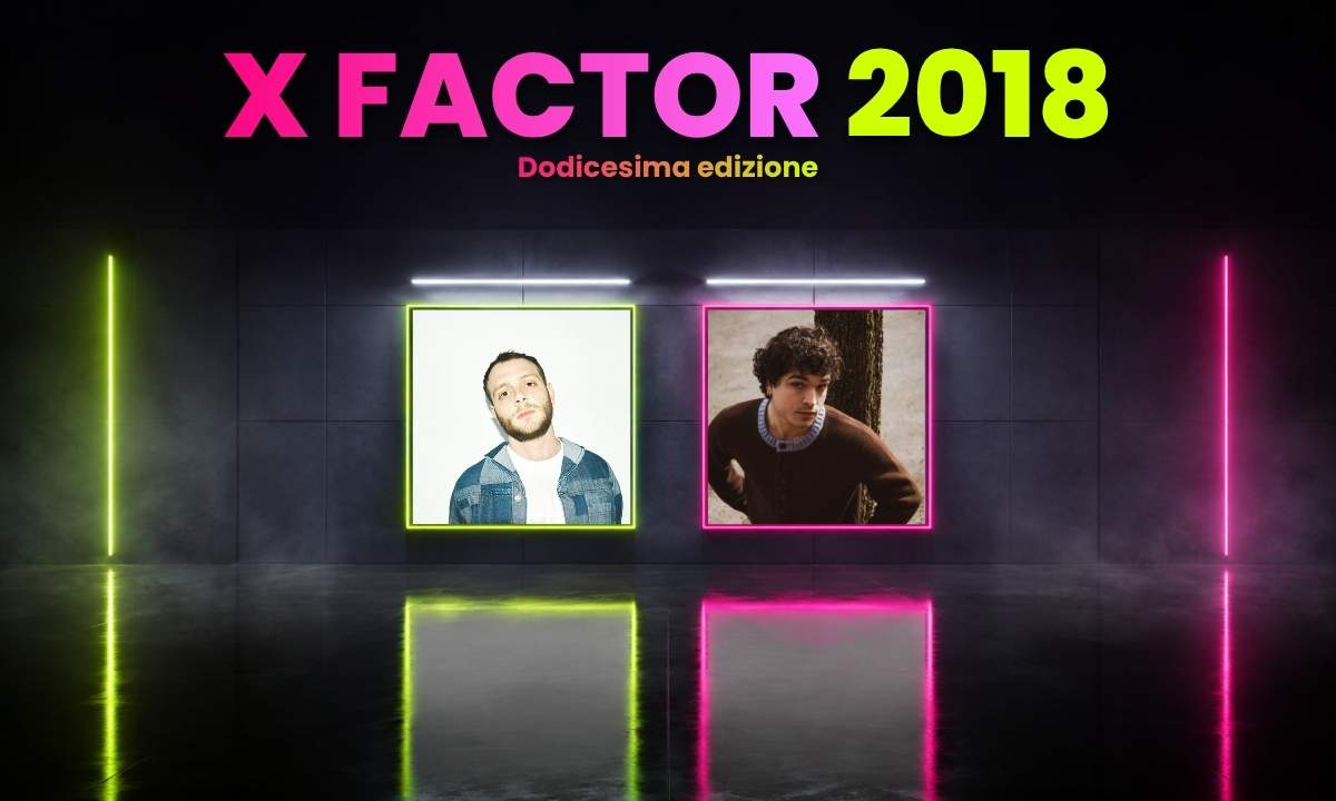 Copertina X Factor 2018 con le foto di Anastasio e Leo Gassmann in due cornici al neon, lime e fucsia, su sfondo nero