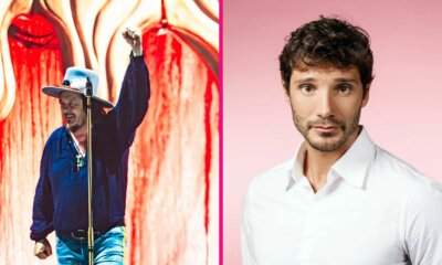 Zucchero sul palco con il pugno alzato e Stefano De Martino in camicia bianca, affiancati nel collage