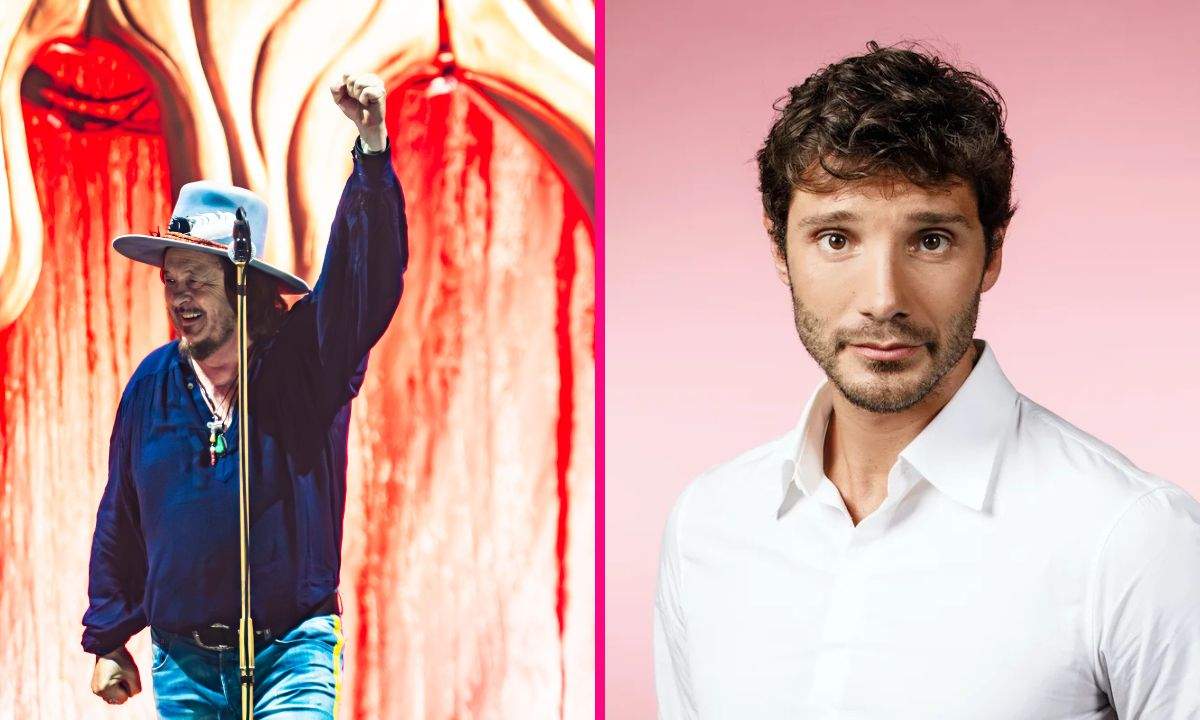 Zucchero sul palco con il pugno alzato e Stefano De Martino in camicia bianca, affiancati nel collage