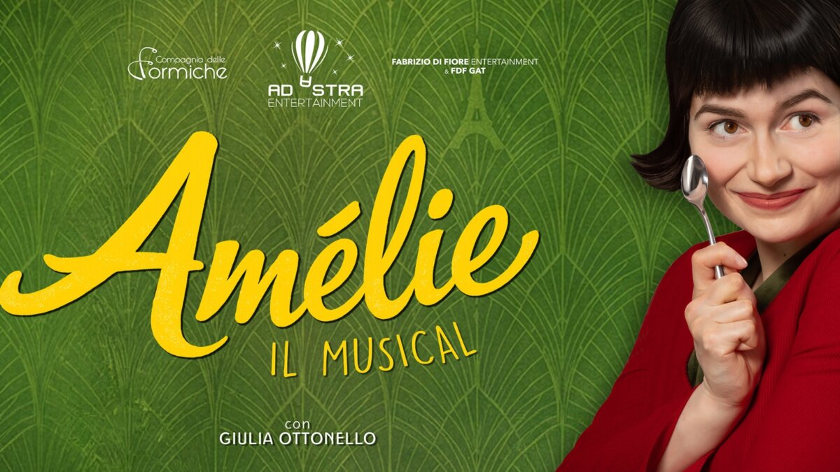 Locandina di Amélie - Il Musical con Giulia Ottonello, su sfondo verde con il titolo giallo