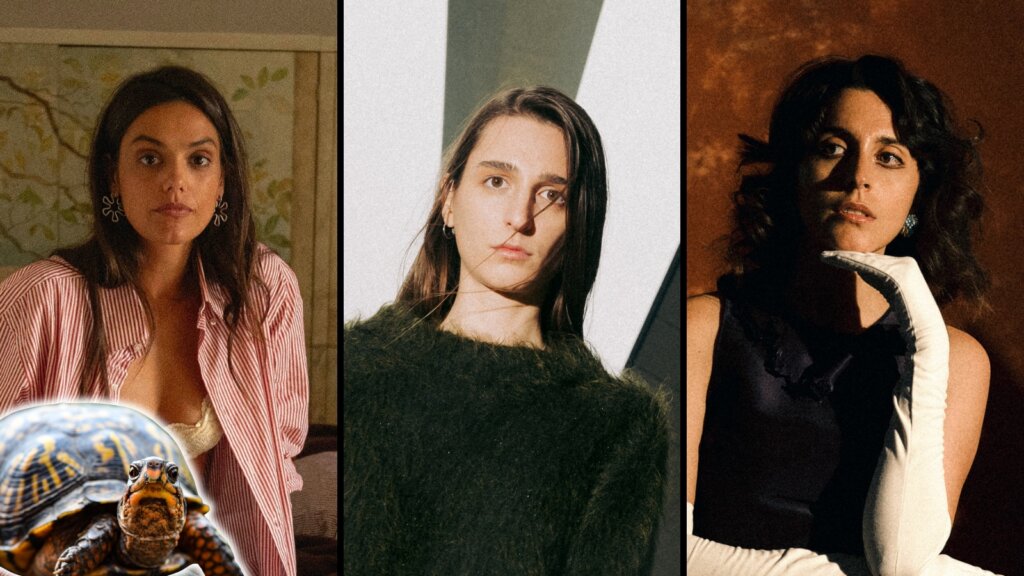 Margherita Vicario, Emma Nolde e Anna Castiglia, tre cantautrici italiane, nel collage di copertina con una tartaruga